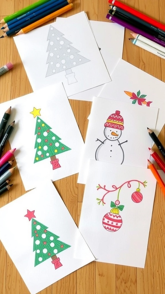 Hand-drawn Christmas cards with simple designs on a crafting table.